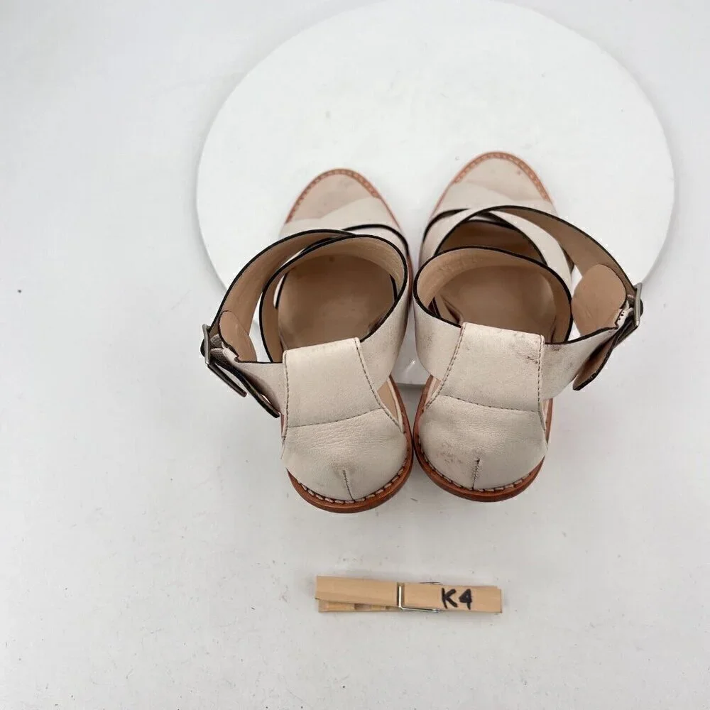 Loeffler Randall Women Size 10B Cream Beige Leather Peep Toe Buckle Heel Sandal